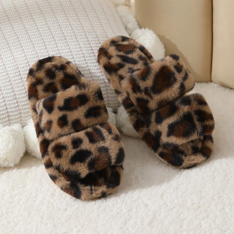 

Leopard Pattern Plush Winter Slippers for Women Open Toe Soft Sole Fuzzy House Shoes Woman Indoor Comfort Warm Faux Fur Slippers