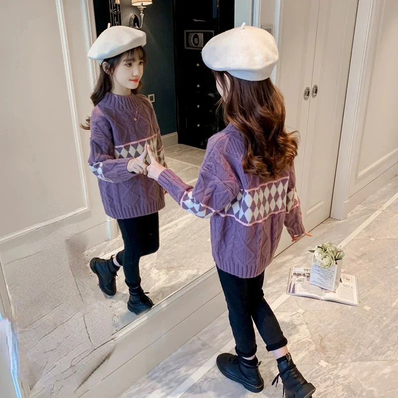 Sweater Children's Fashion Autumn Winter Plush Thickened Winter Girls Knitted Baby Girl Clothes Baby Sweater 5 8 10 12 Years Old