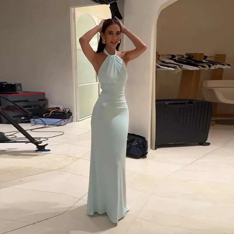 

2025 New Women's Halter Neck Sleeveless Ruched Slim Fit Waist Slimming Bodycon Dress Summer Dress Robe Vestido Women Elegant
