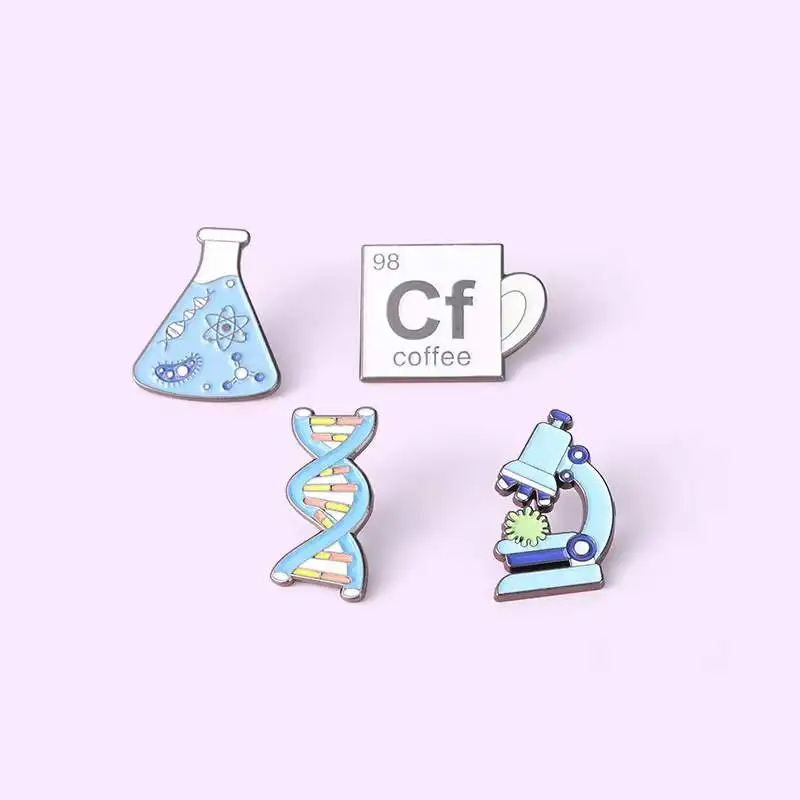 Broches de esmalte de ciencia al por mayor, broches experimentales de DNA biológica química, Beaker de microscopio, insignias de regalo para amigos