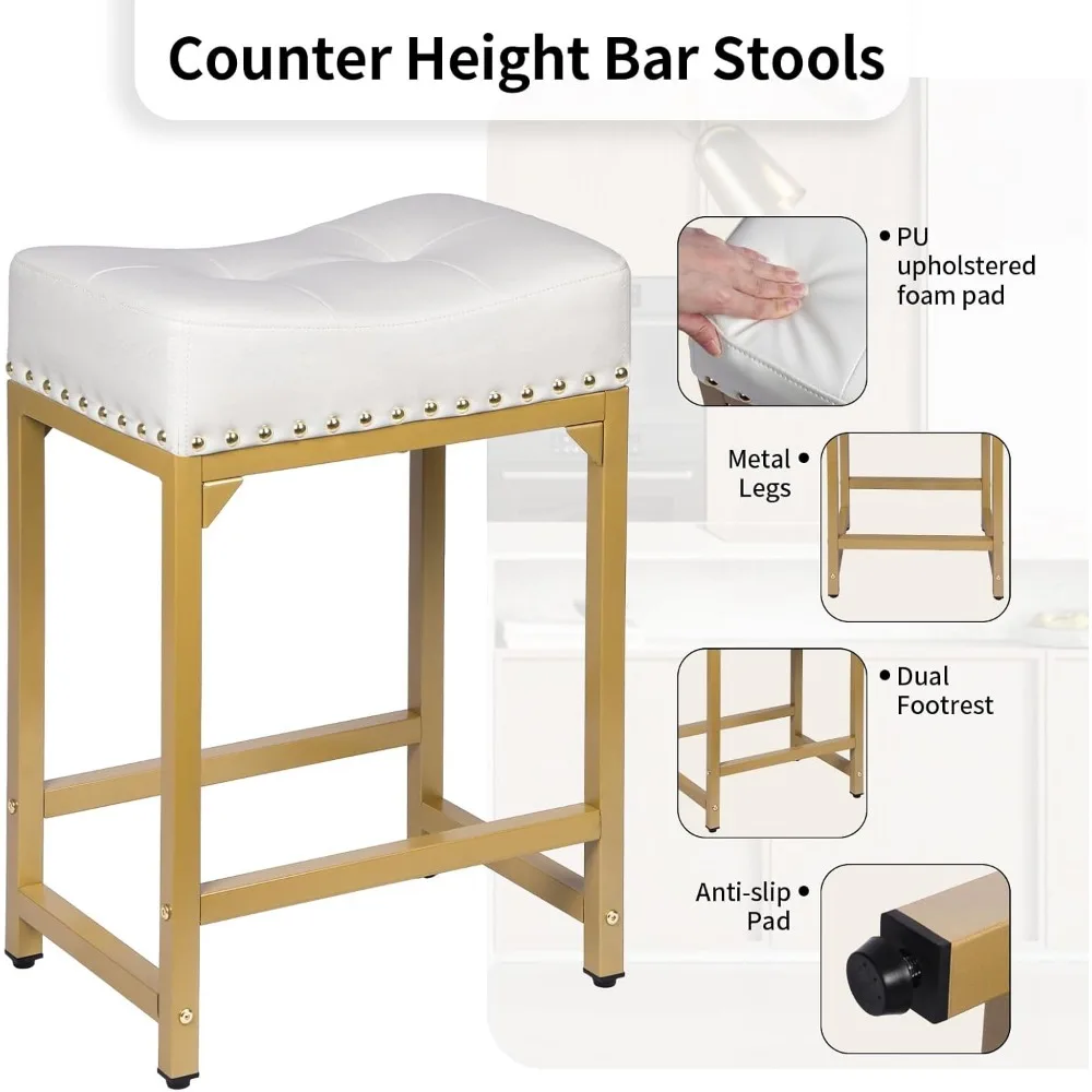 Bar Stools Set for Kitchen Island, Contra Altura, Branco e Dourado, Modern Counter Stools, 24 em