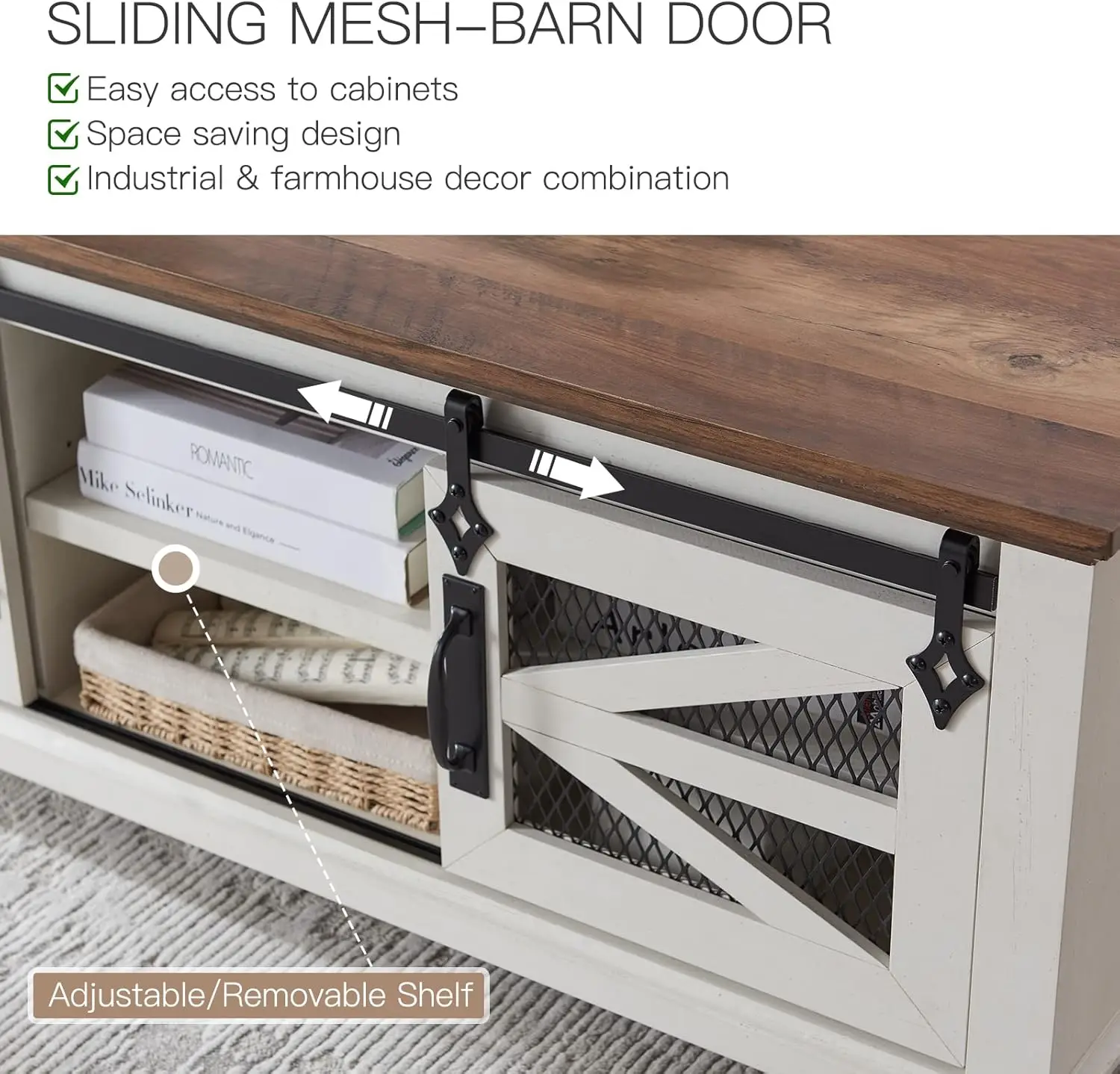 48' Coffee Table with Storage, Sliding Barn Doors, Adjustable Shelves, Farmhouse Industrial Style, Antique White