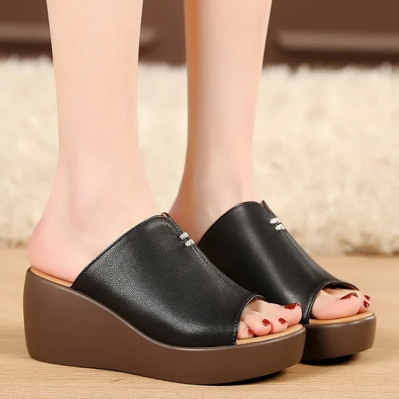 2025 مفتوح اصبع القدم أحذية من الجلد الحقيقي امرأة الصيف الصنادل خارج ارتداء النعال موضة سوبر عالية الكعب #4