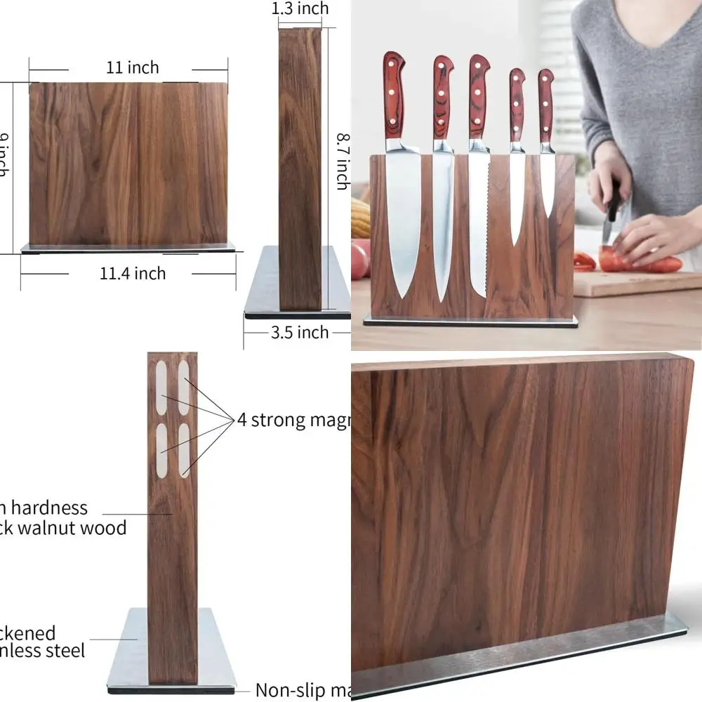 

Dual-Sided Magnetic Walnut Knife Block with Non-Slip Base for Secure Kitchen Blade Storage