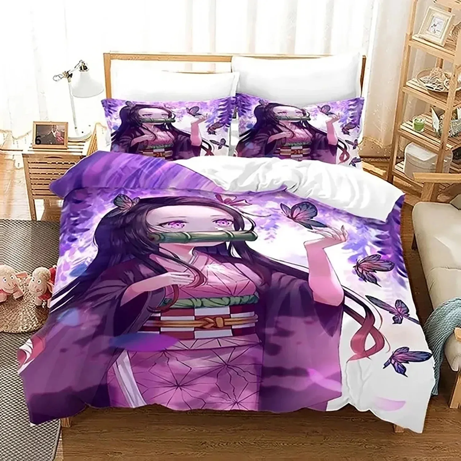 

3D Anime Demon Slayer Nezuko Bedding Set Duvet Cover Bed Set Quilt Cover Pillowcase Comforter king Queen Size Boys Adult