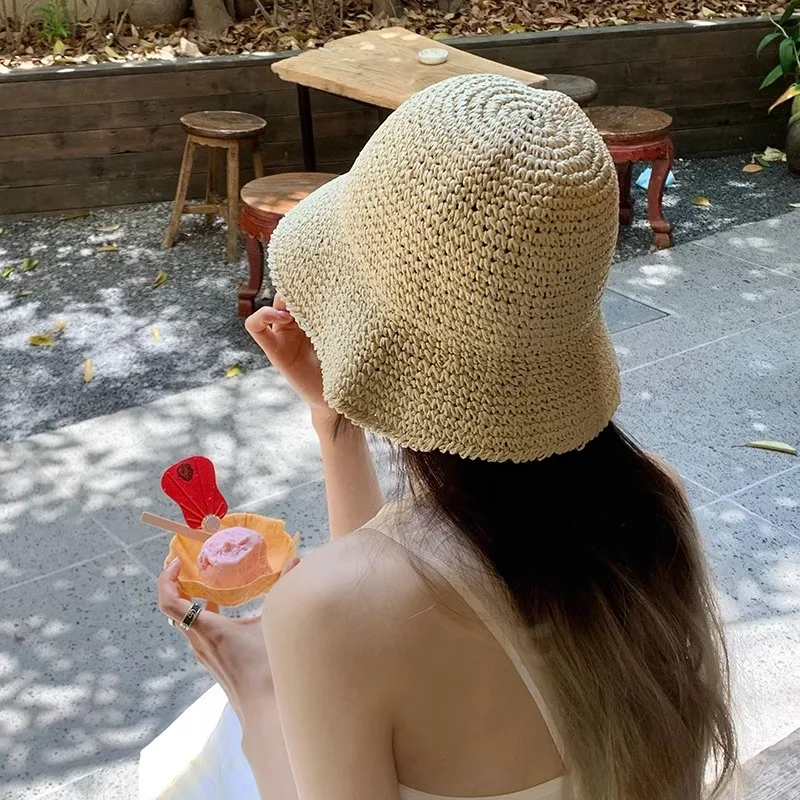 Beach Korean Straw Hat Summer Women Visor Bucket Hat Fisherman Hat Hand weaving Panama Girl Fishing Chapeau Sun Hats for Women