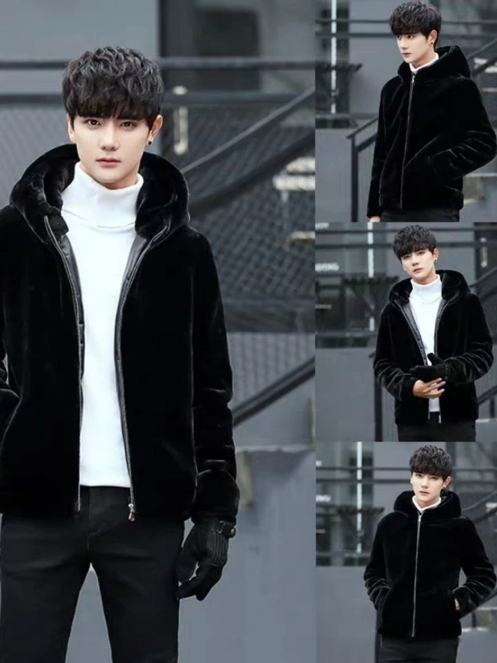 

New Men's ort Fur Coat Water-Resistant Mink Leather Jaet Winter Coat Fake Mink Fur Hooded Coat Youthful Vitali Sle