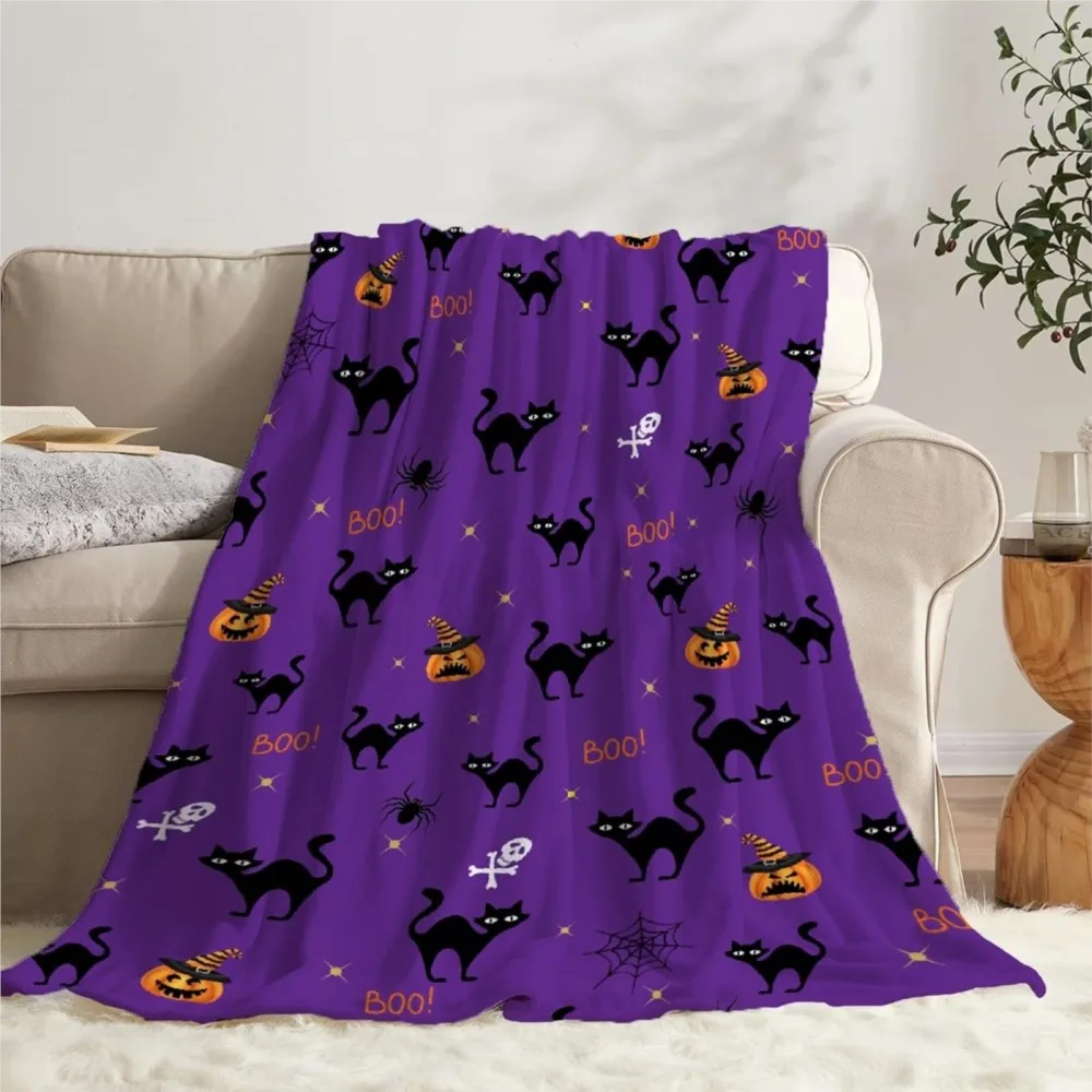 1PC Halloween Throw Blanket Black cats Pumpkin Skull Bats Witch Thin Blanket Gifts for Couch Bed Car Home Camping all season use