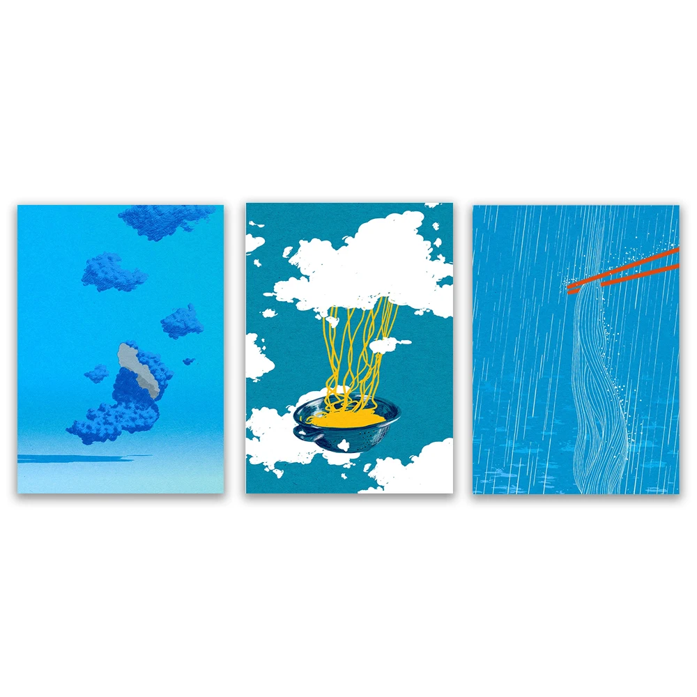 Artistic noodles and chopsticks raining down, symbolic cloud prints, surrealist themes, minimalist dreamlike scene posters.