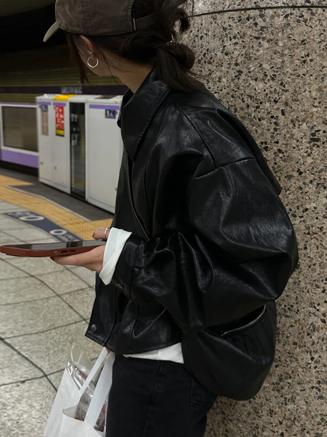 Jaet de cuero PU coreano Sle ort para mujer, ropa de motocicleta versátil Retro de Hong Kong Sle, Top de sensación de alta gama