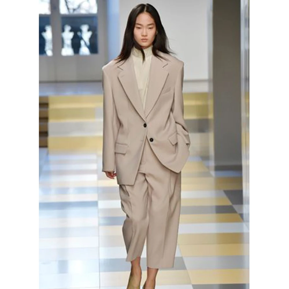 

Neutral Lazy Light Khaki Single-Breasted Women's Blazer&Wide-Leg Cropped Pants 2 Piece Set Office Casual Female Clothing Outfit