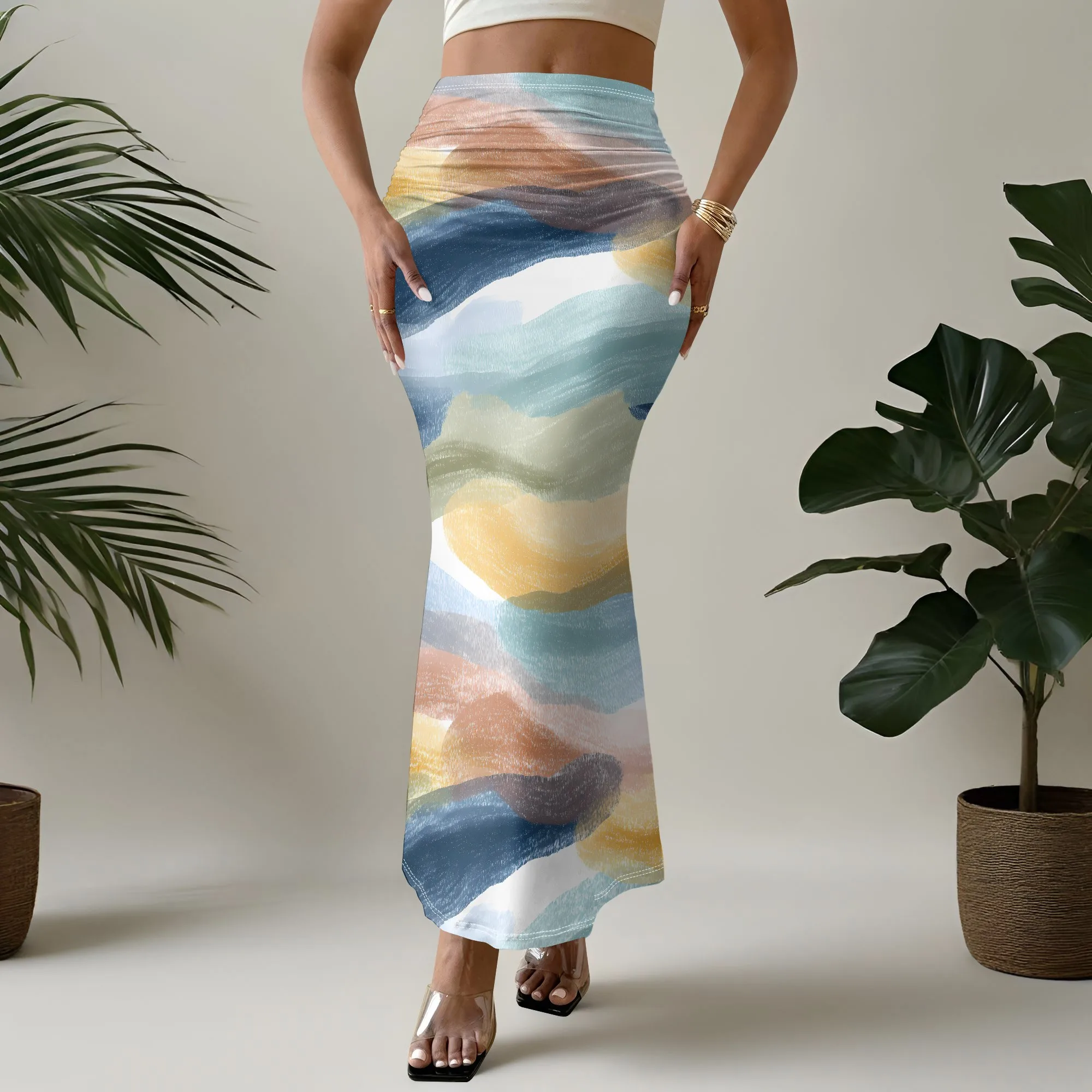 Abstract Print Mermaid Skirt, High Waist Bodycon Midi Skirt, Stretchy Beach Maxi Skirt, Women Summer Vacation Bottoms, S-3XL