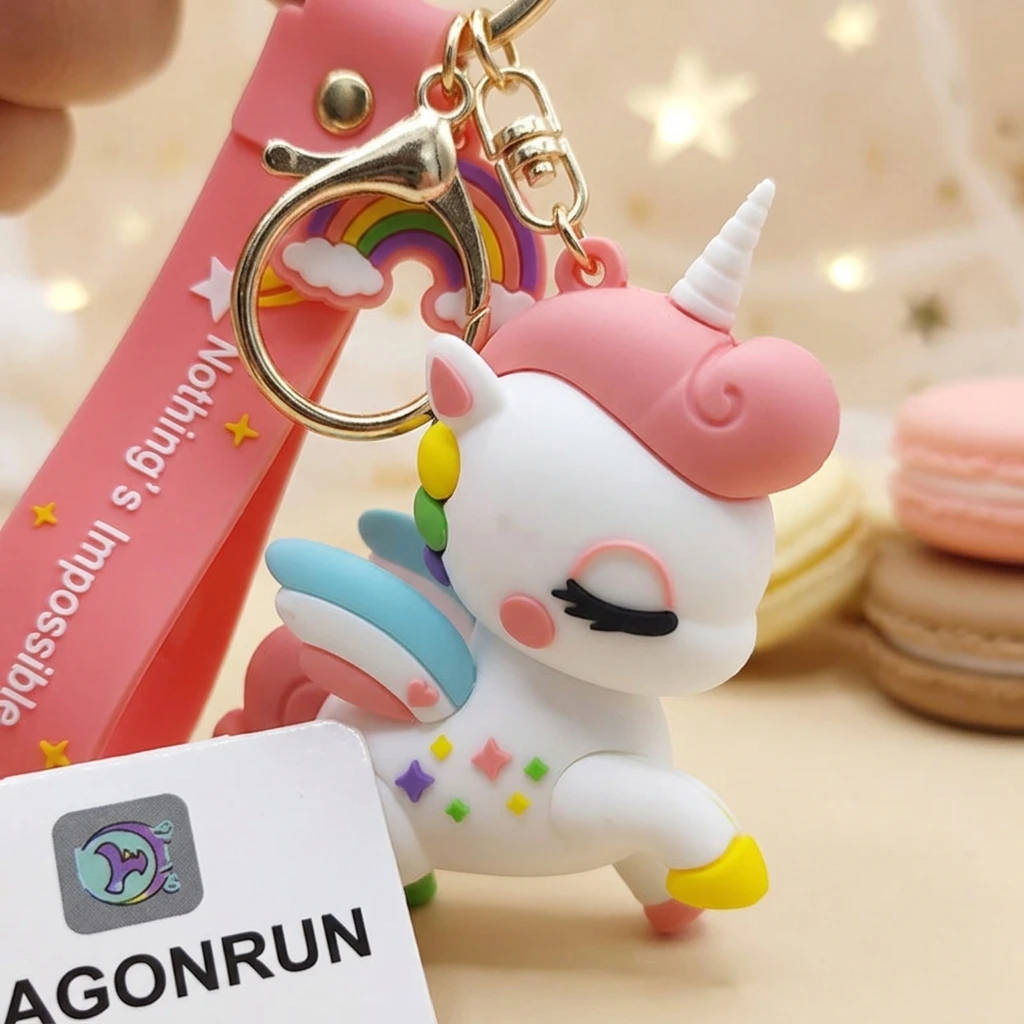 Kawaii Cartoon Unicorn Keychain Set Silicone Keyring with Lanyard Strap Pendant Bag Charm for Women Party Favor Gift