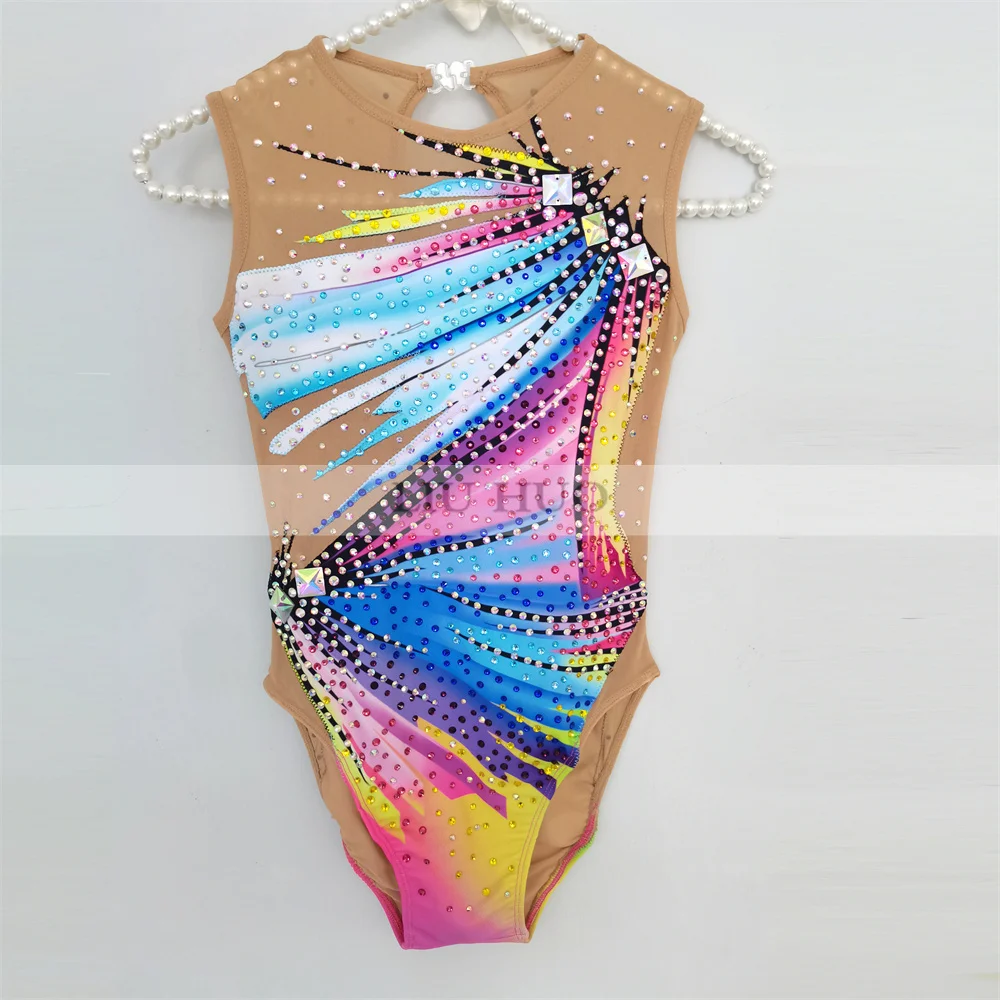 LIUHUO Synchronized Swimming Tights Girls Performance Kids Rhythmic Leotard Children Teens Competition Teamwear Rainbow Color