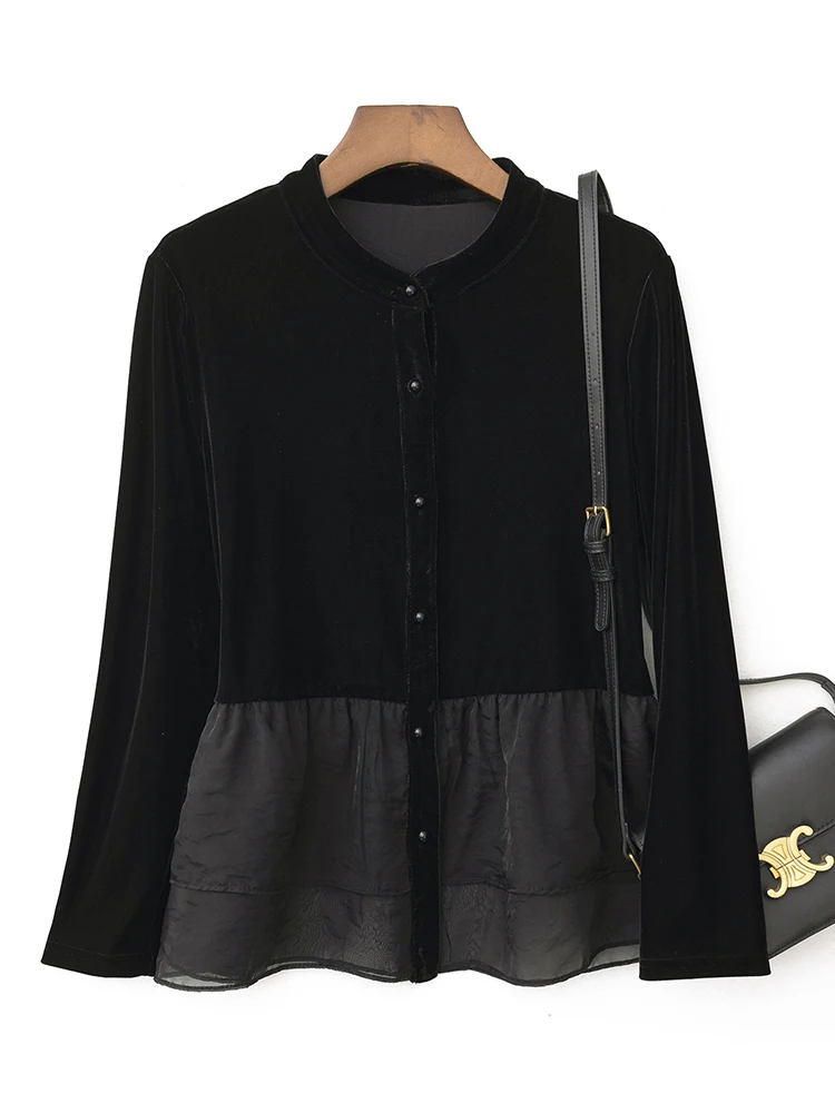 

Gold Velvet Long Sve Stand Collar Patchwork irt Cardigan Women's Faion Spring Autumn Top Chinese Sle Clothing