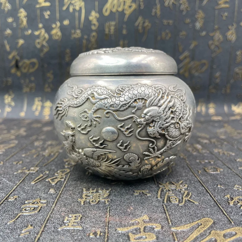 

Bronze Alloy Silver-Plated Ornaments Copper Crafts Dragon and Phoenix Relief Tea Canister Ornament