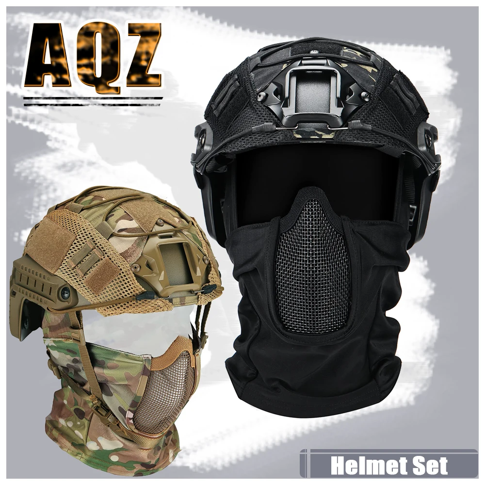 

Airsoft Tactical Fast Helmet with Mesh Mask Headgear, PJ Type Paintbal Helmet with NVG Mount for Outdoor Sports CS Game