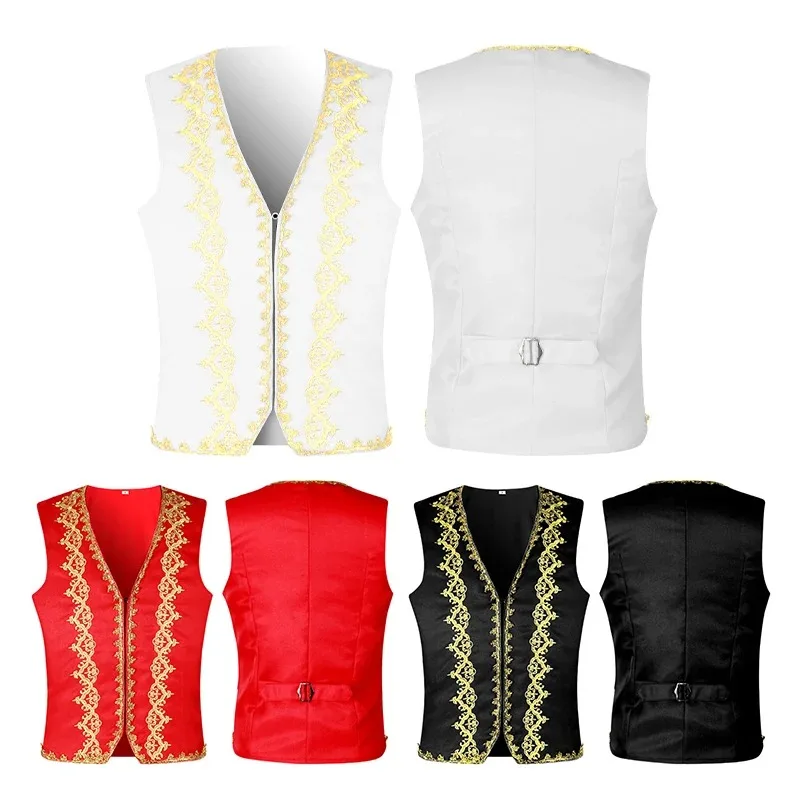 Men Arab Prince Cosplay Costume  Steampunk Victorian Vest Medieval Open Front Waistcoat Gold Trims Embroidery Waistcoat Tops