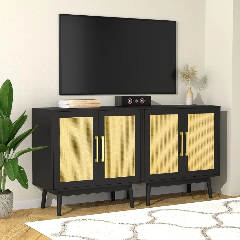 

Rattan Sideboard Buffet Cabinet Set of 2, Black Cabinet with Rattan Doors and Adjustable Shelves, Accent Cabinet for Dining Roo