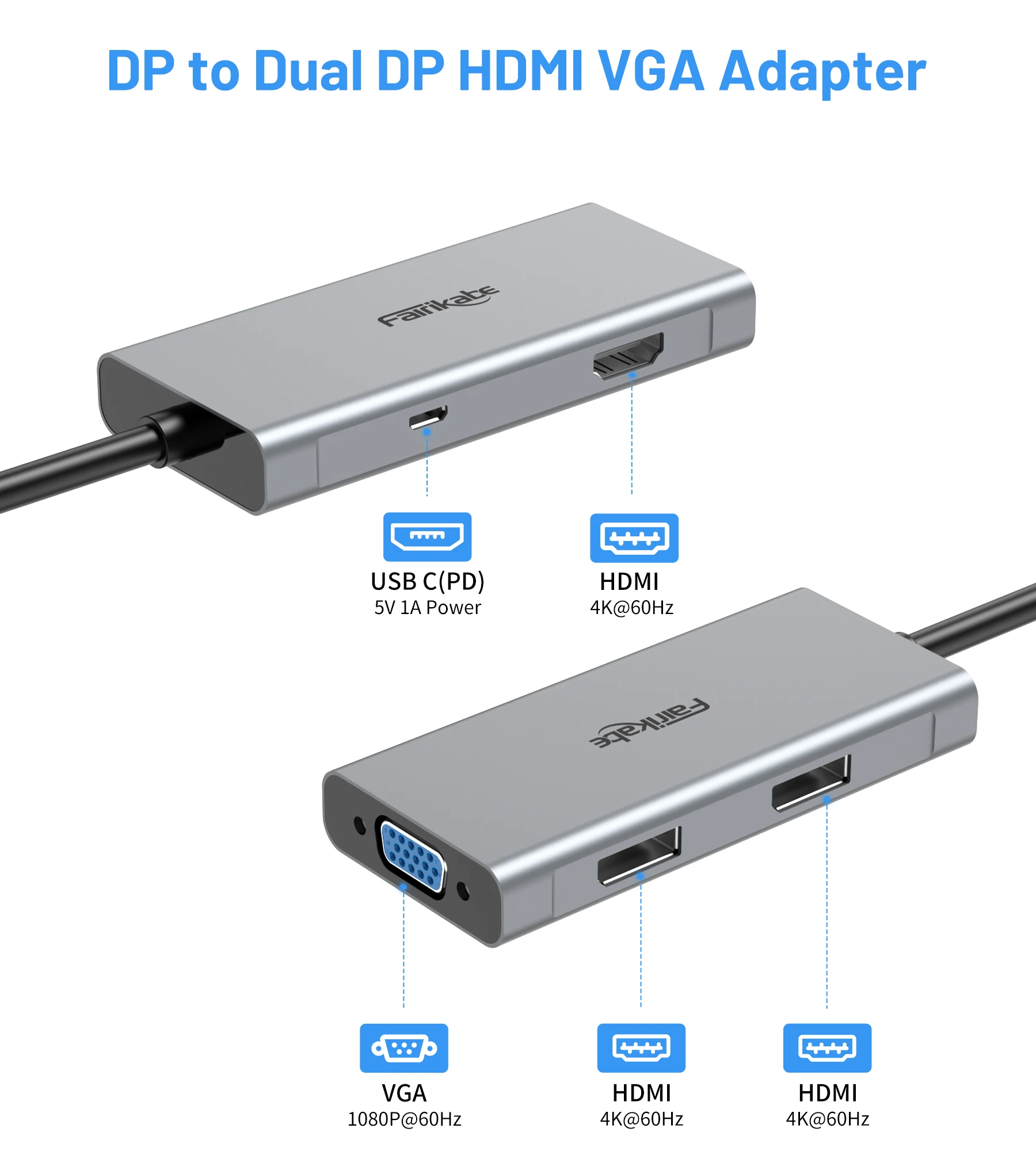 DP Splitter to 2DP HDMI VGA 4K 4in1 Display Multiport Adapter Display to 2DP Hub