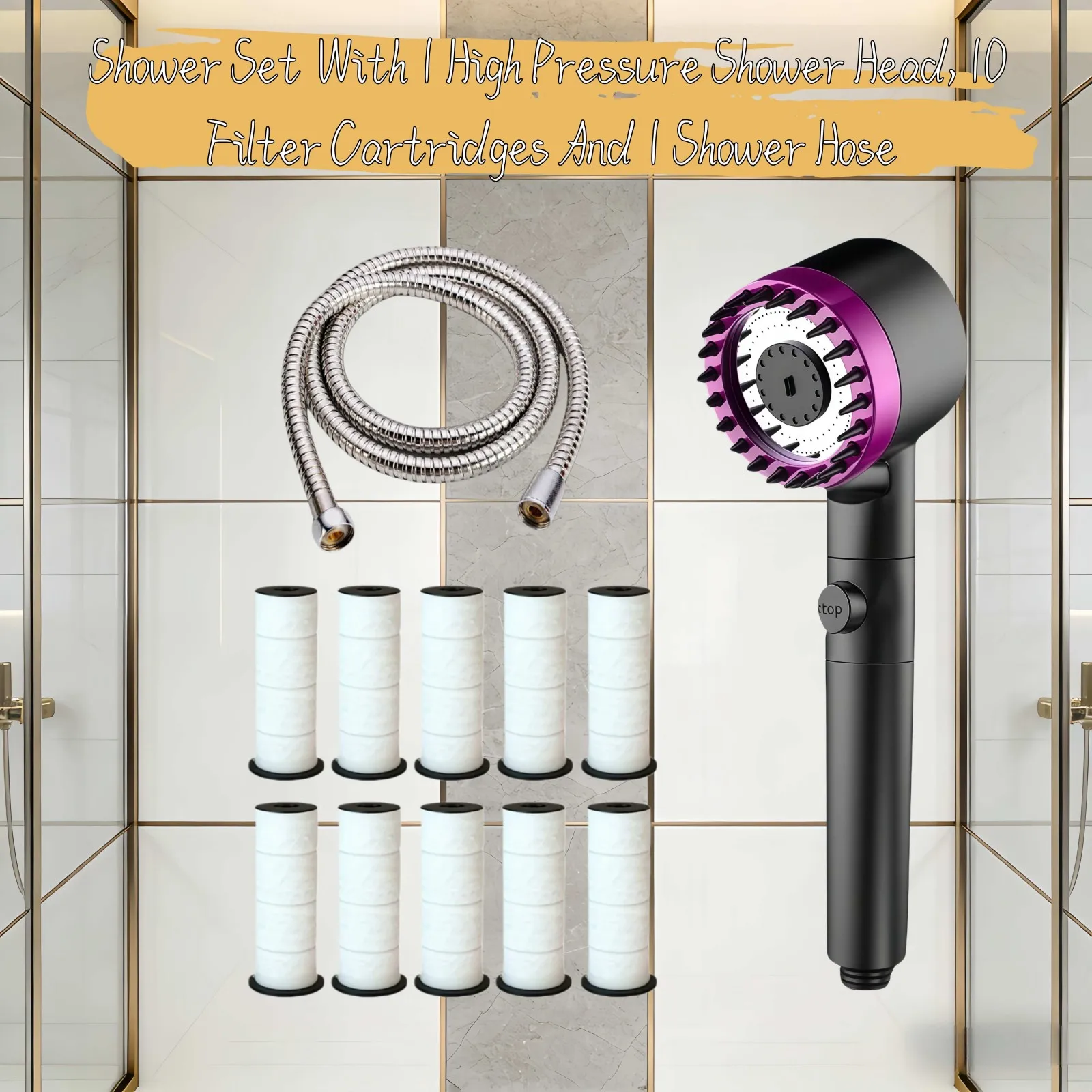 

Набор из 12 черных и фиолетовых насадок для душа с высоким давлением и экономией воды, 3 режима, регулируемая подача воды одной кнопкой, с 10-фильтровым шлангом для душа