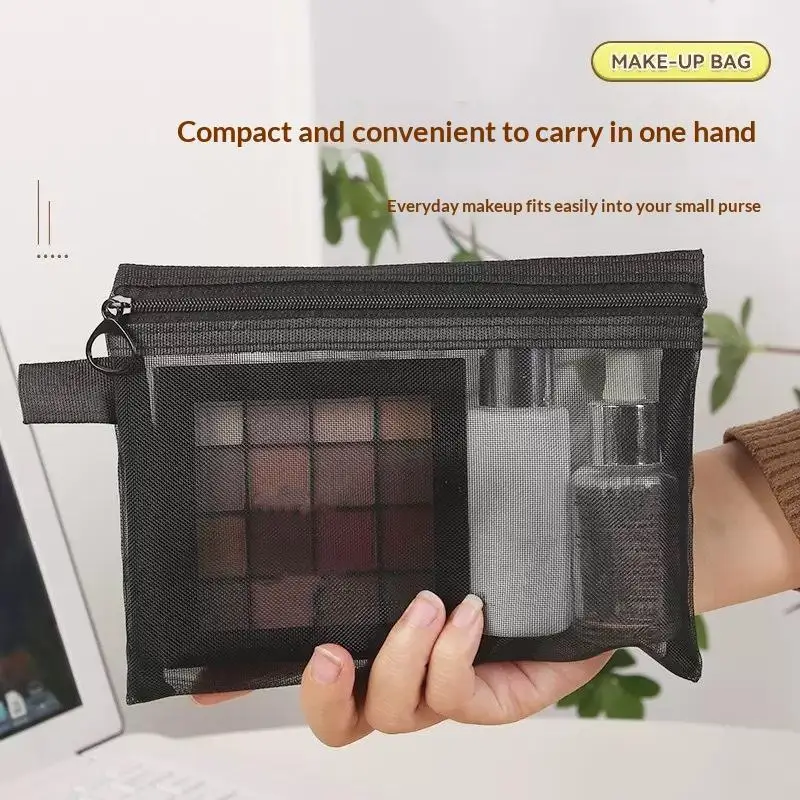 Clear Mesh Cosmetic Storage Pouch Durable Tear-resistant Makeup Bag Black Multi Size for Travel Business Trip