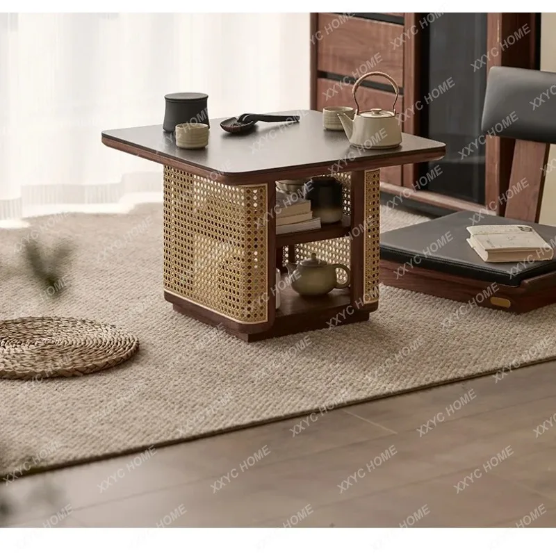 

LBlack walnut low tea table balcony sofa side cabinet floor solid wood tea table