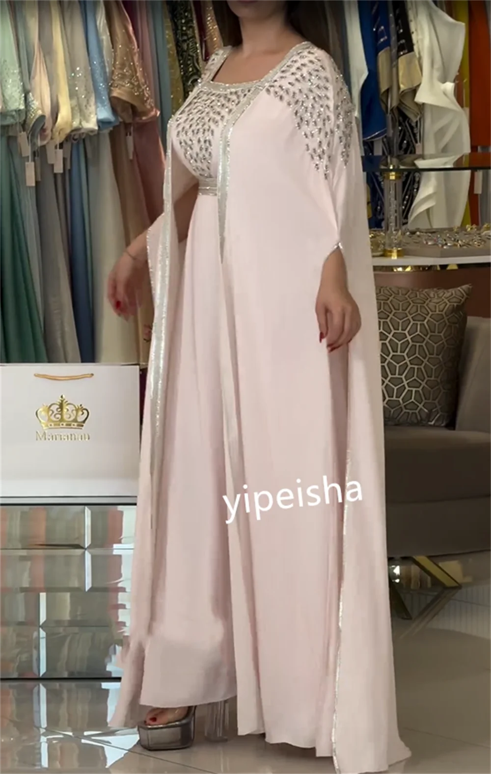 Abiti Midi in Chiffon con paillettes e scollo quadrato dritto con scollo quadrato su misura