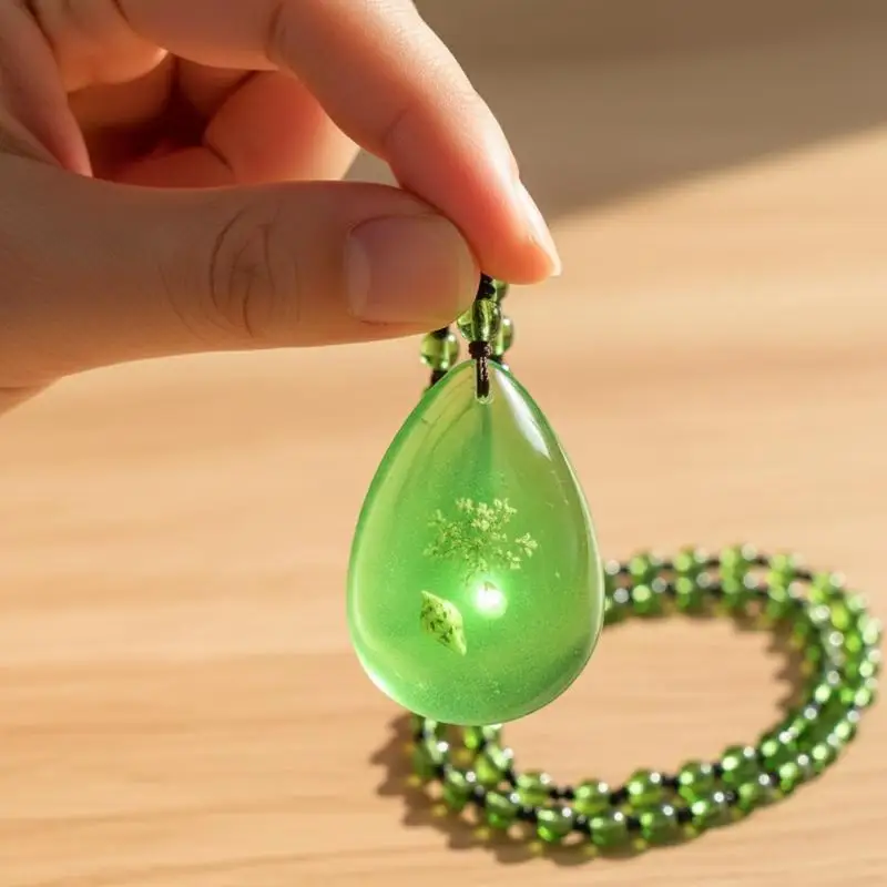 Green Amber Beeswax Necklace Water Drop Pendent Necklace For Women Unisex Lucky Safety Long Pendant Sweater Chain Ornaments