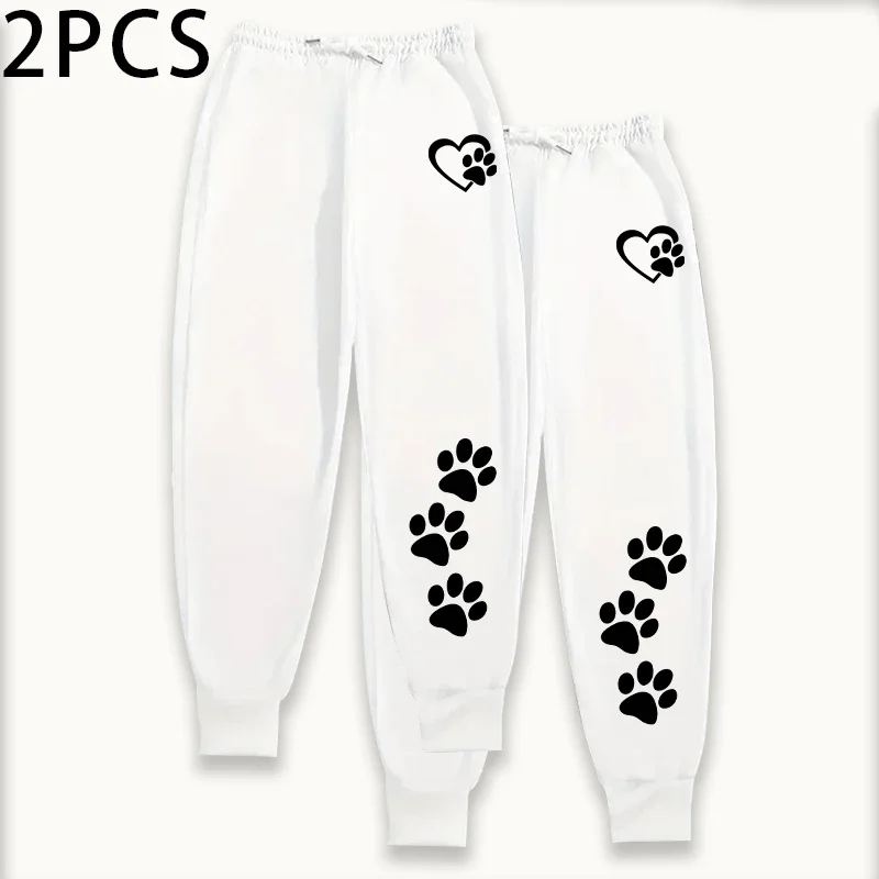 2 قطعة Sweatpants المرأة عادية بلون رياضي سراويل للجري الخريف الشتاء المنزل في الهواء الطلق الراحة لطيف القلب باو طباعة بنطلون