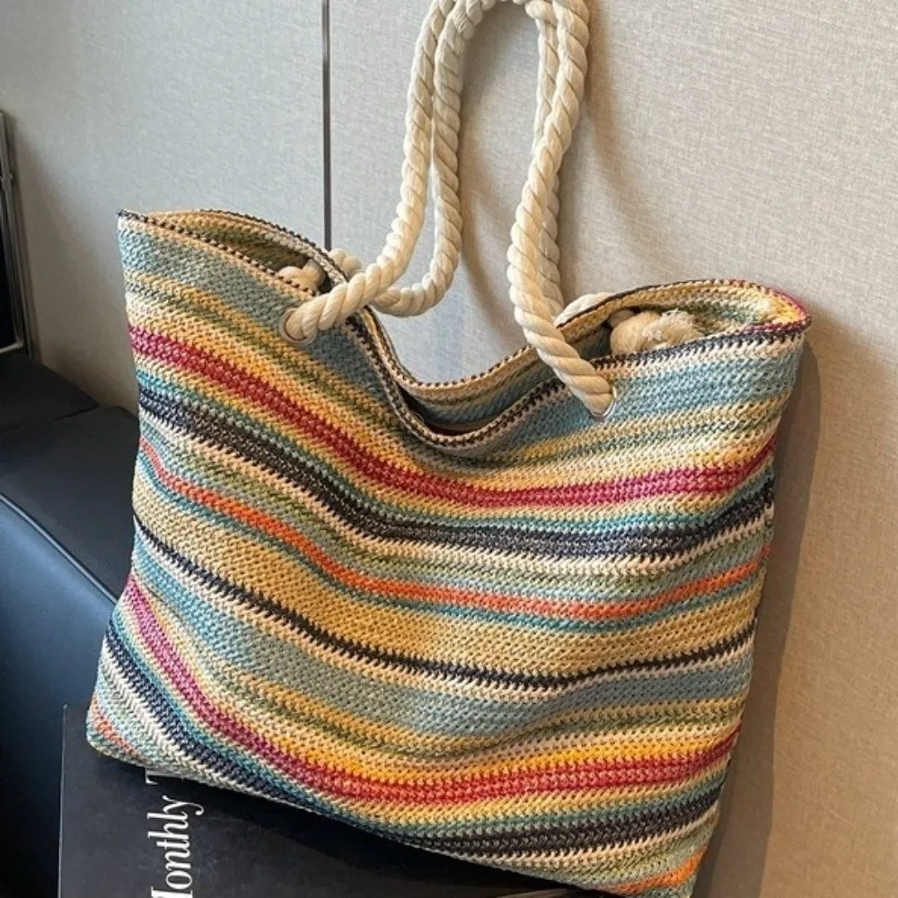 New Large Capacity Straw Bag Striped Rainbow Woven Casual Handbag Portable Underarm Bag Seaside Vacation view 3