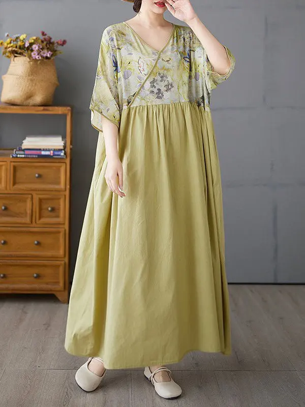 High Waist Slimming Cotton Linen New Sle V-ne Splicing Retro Wind Dr Middle-aged Mom Clothes plus Size Long Dr