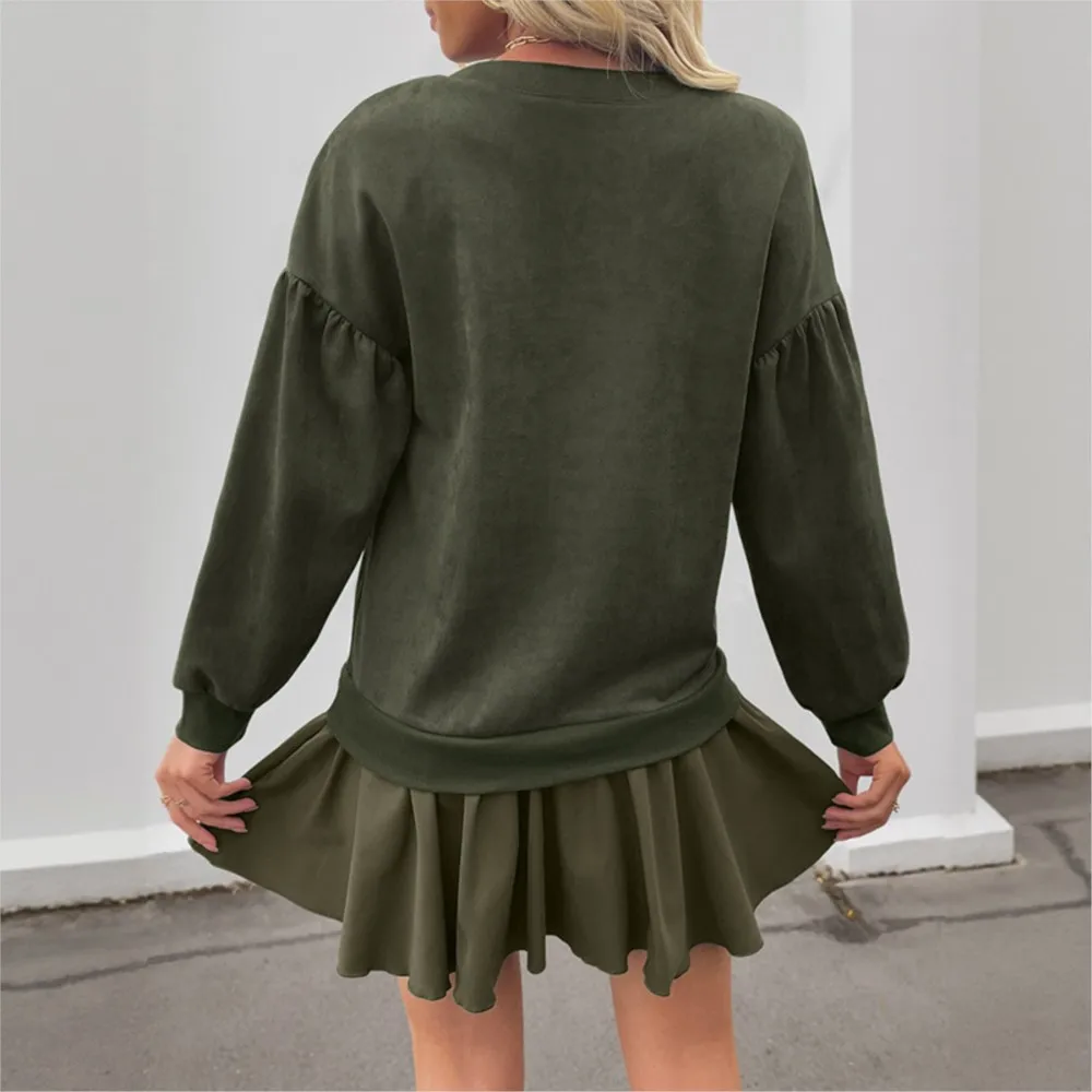 Robes 2025 femme décontracté rétro doux robes à manches longues couleur unie Patchwork sweat robe tempérament déplacements à la mode