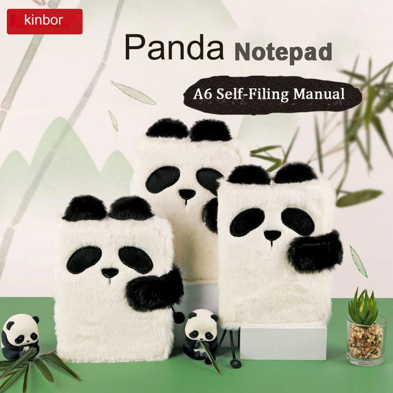 

Kinbor Cute Panda Notebook, Mni Fuzzy Writing Journal Diary Self Filled Planner for School Office Gadgets, A6 Replace Inner Book