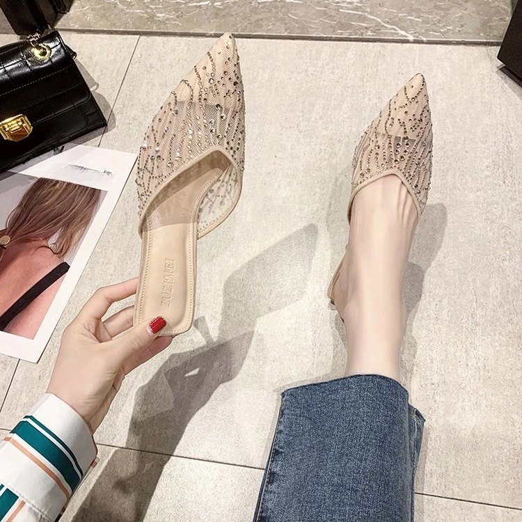 2024 Mesh Slippers Women New Summer Shoes Women Fashion Pointed Slides Spike Heels Beige Mules Shoes High Heels