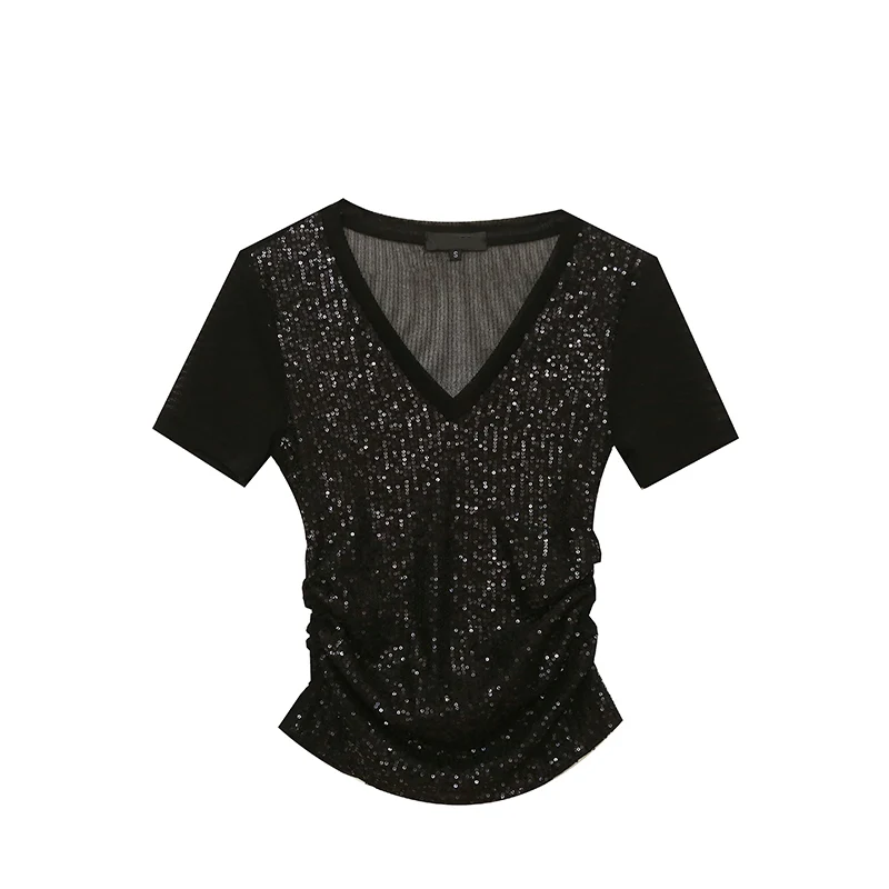 Sexy V-Ne T-irt Women's ort Sve Me Splice Sequin Slimming Top Trendy Summer Faion Small irt Korean Sle