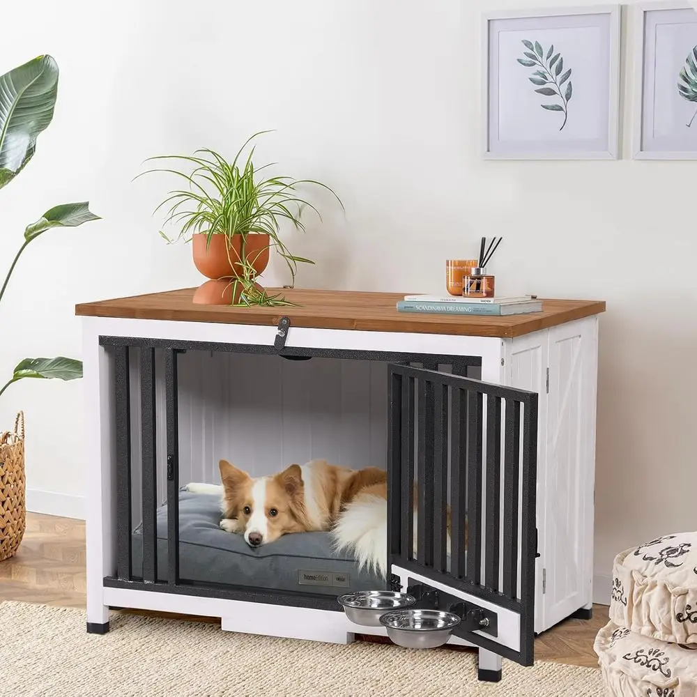 

Трансформируемый ящик для собак, мебель со съемным подносом и двойными мисками, стильный торцевой столик для различных размеров собак