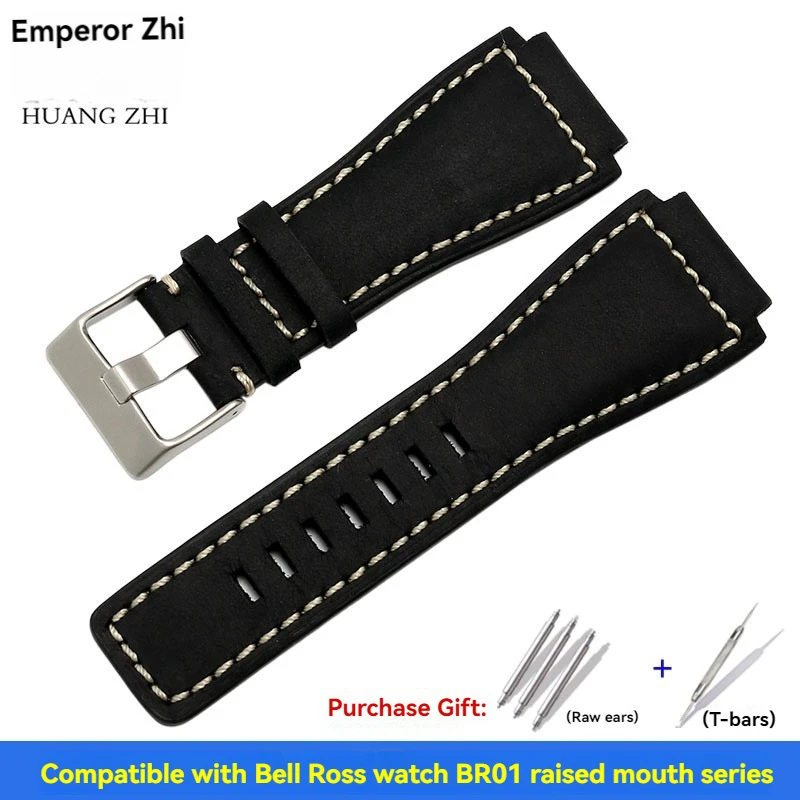 35-24mm convex cowhide band For Bell Ross B&R BR-01 BR-03 Men Genuine leather watchband silicone rubber waterproof watch strap