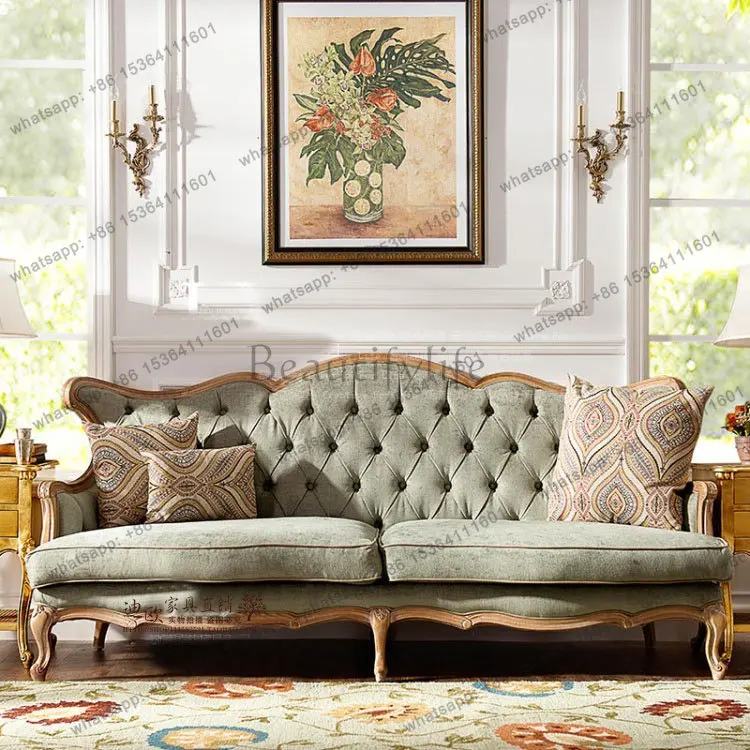 American rural solid wood weathered fabric double triple sofa, retro carved buckle sofa