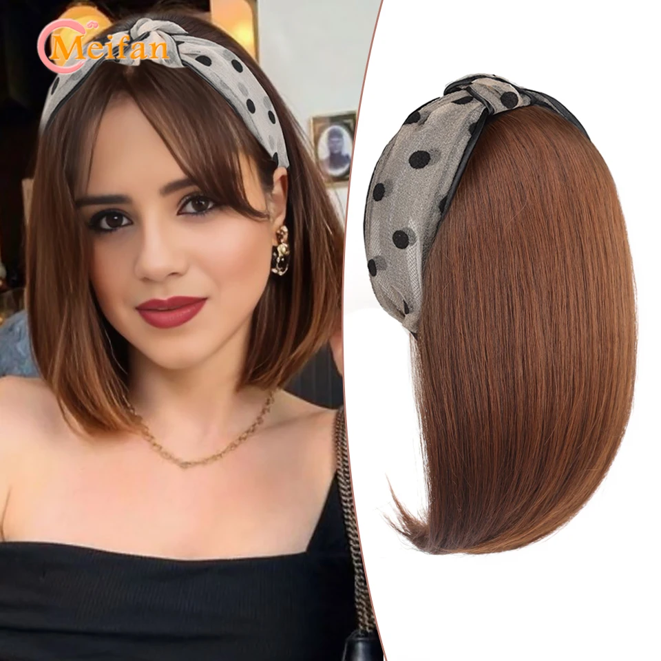 MEIFAN Synthetic Short Straight Bob Half Wig with Headband Clip in Hair Extension Black Brown Fluffy False Hairpiece for Women