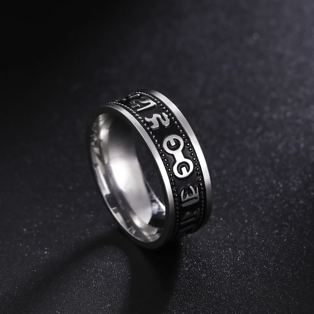 COOLTIME Tibetan Om Mani Padme Hum Six Character Proverbs Rings Stainless Steel Rings for Men Women Buddhist Amulet Jewelry