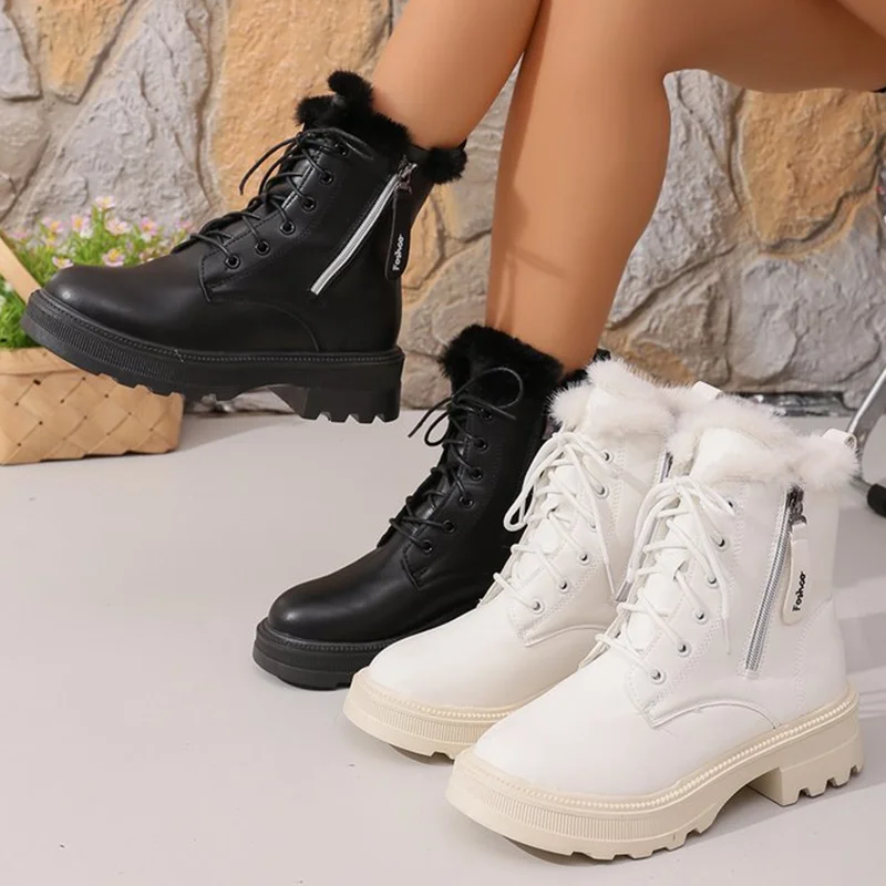 الخريف الشتاء قصيرة أفخم حذاء من الجلد النساء موضة سستة الأسود بولي Leather الجلود دراجة نارية أحذية امرأة الدانتيل يصل منصة بوتاس Mujer