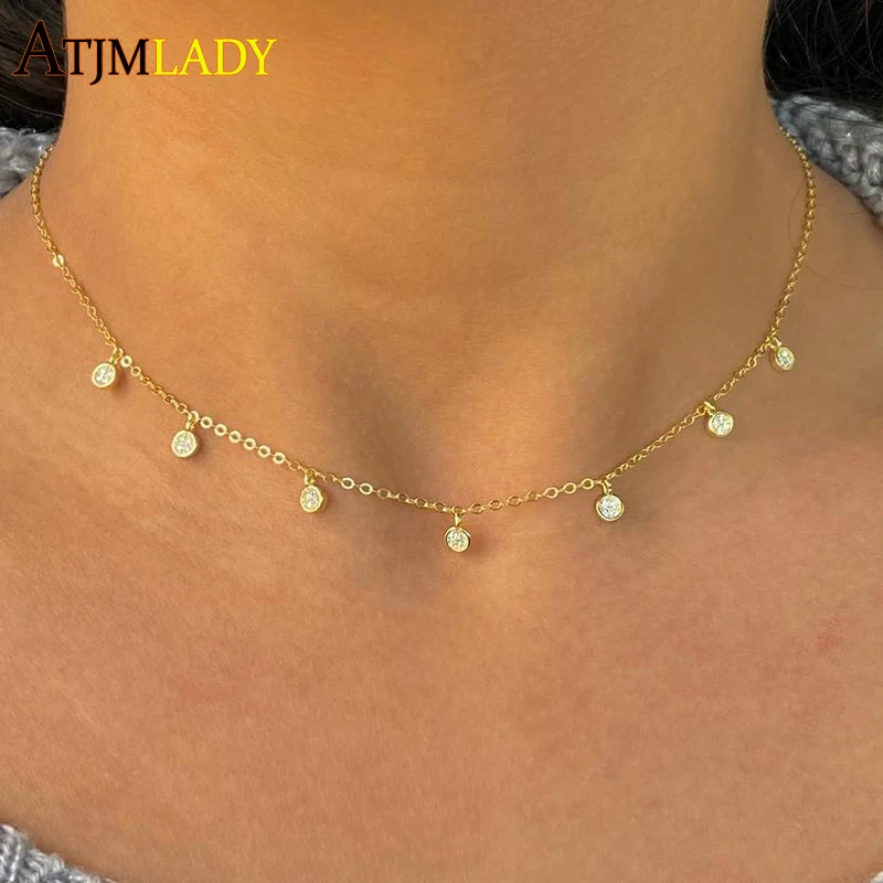 925 Sterling Silver Clear CZ Station Multi Charm Choker Fashion Delicate Dainty Disco Dots Drip Drop Naszyjnik dla kobiet