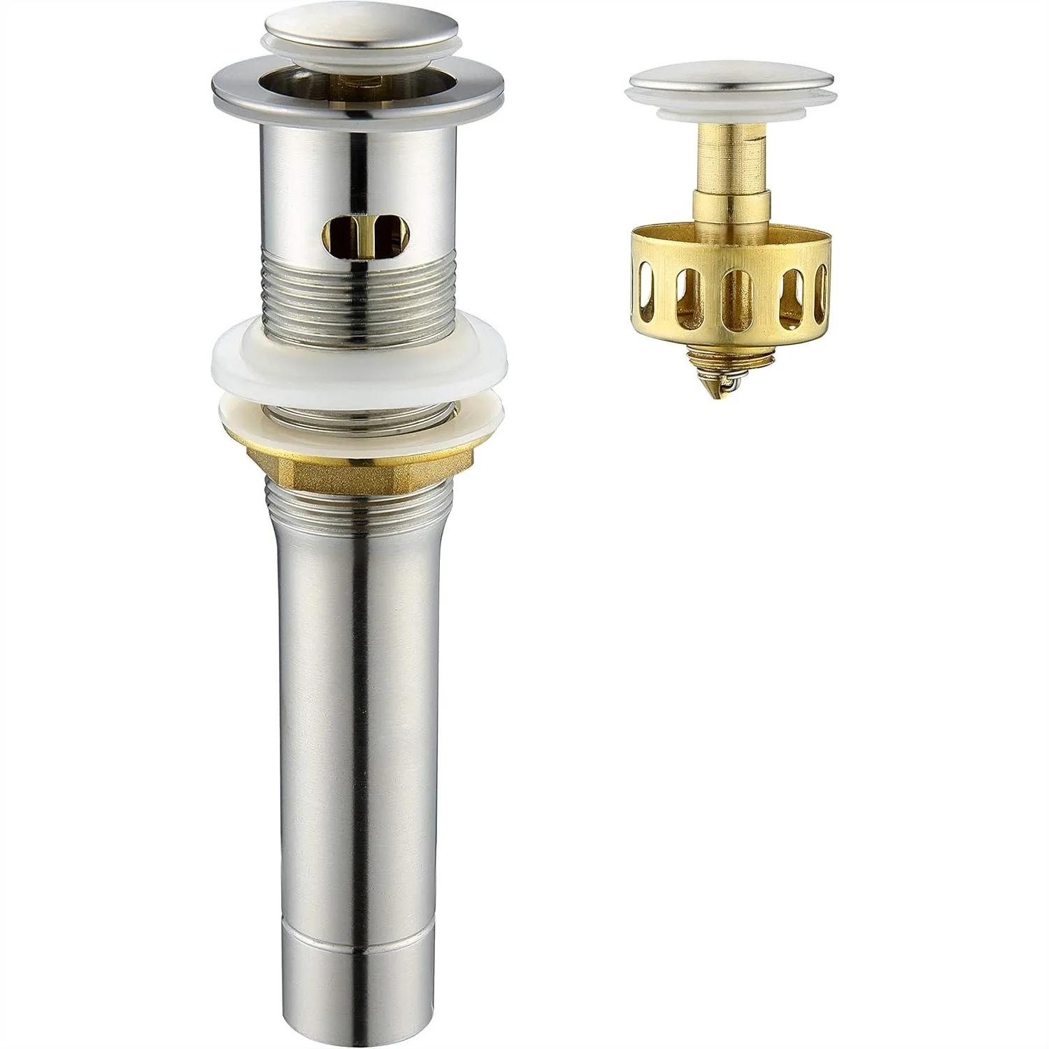 

Pop Up Sink Drain Stopper for Bathroom Vessel Vanity Sink, Brushed Nickel, Small Cap with Overflow, Metal Drain Strainer with