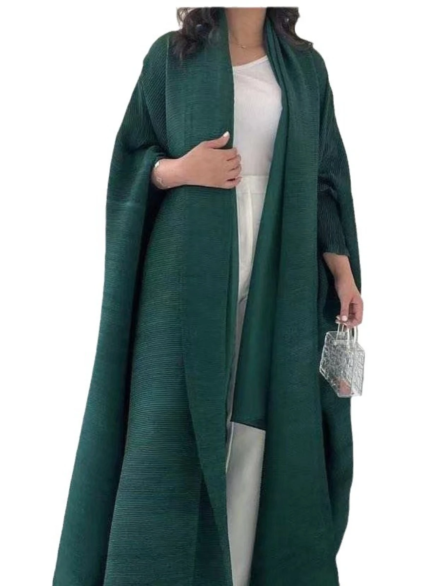 Muslim Abaya for Women Bat Sleeve Pleated Cardigan Trench Coat Solid Turn Down Collar Dubai Abayas Plus Size Women\'s Luxury Coat