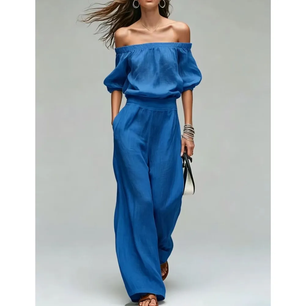 Early Autumn New Women Sexy V Neck Short-sleeved Long Pants 2piece Set Elegant Wide Legged Long Pants Female Summer Vacation Set