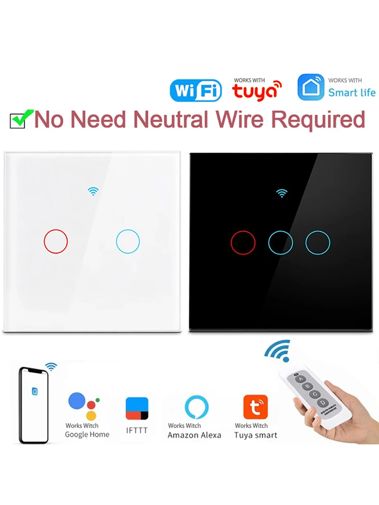 Smart Light Switch WiFi Touch Sensor Switch work with Tuya Smart Life App Control No Neutral Wire 220V For Alexa Google Home