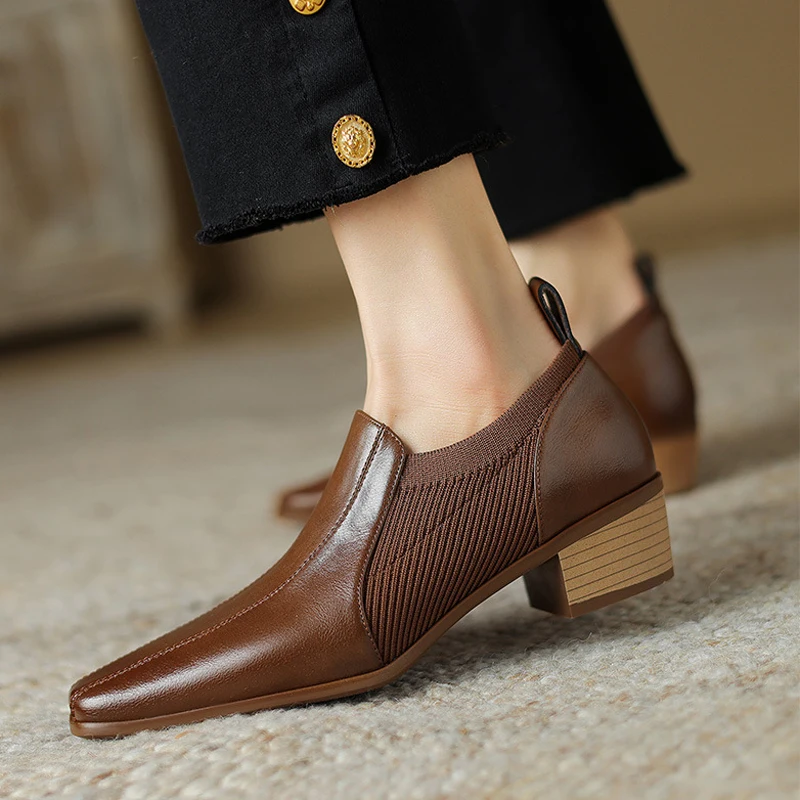 

Women's Cow Leather Stretch Knit Patchwork Slip-on Pumps 4cm Thicm Med Heel Sqaure Toe Casual Female Dress Shoe Large size 34-41