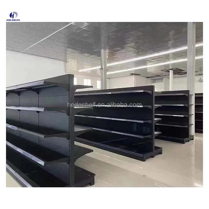 Estanterías de góndola personalizadas para tiendas de comestibles, estanterías de doble cara negras para exhibición en tiendas, estanterías para supermercados