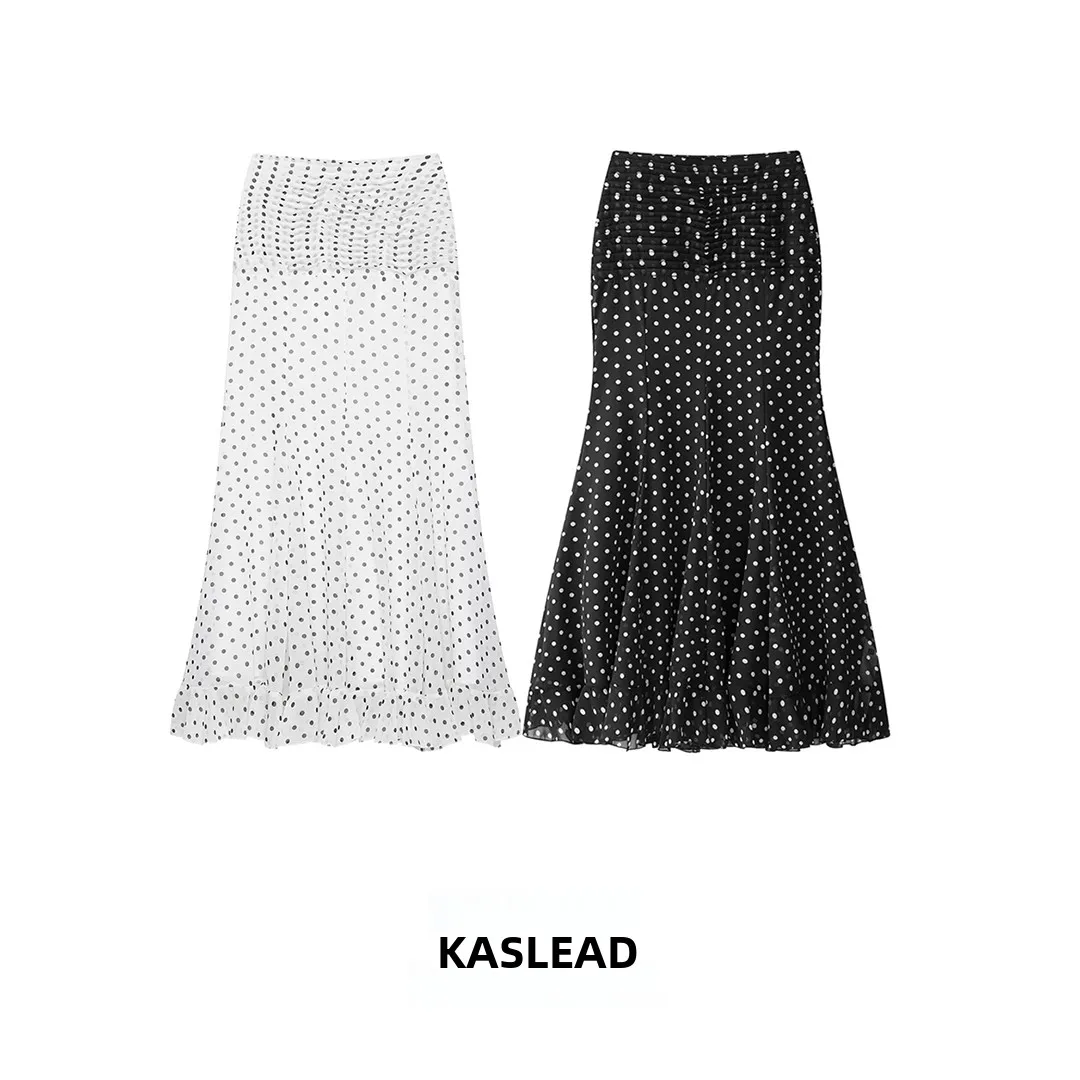 

KASLEAD New Women's Fashion Slim Polka Dot High Waist Fish Tail Half Skirt Stylish Summer Season Polyester Fiber Bodycon Skirt